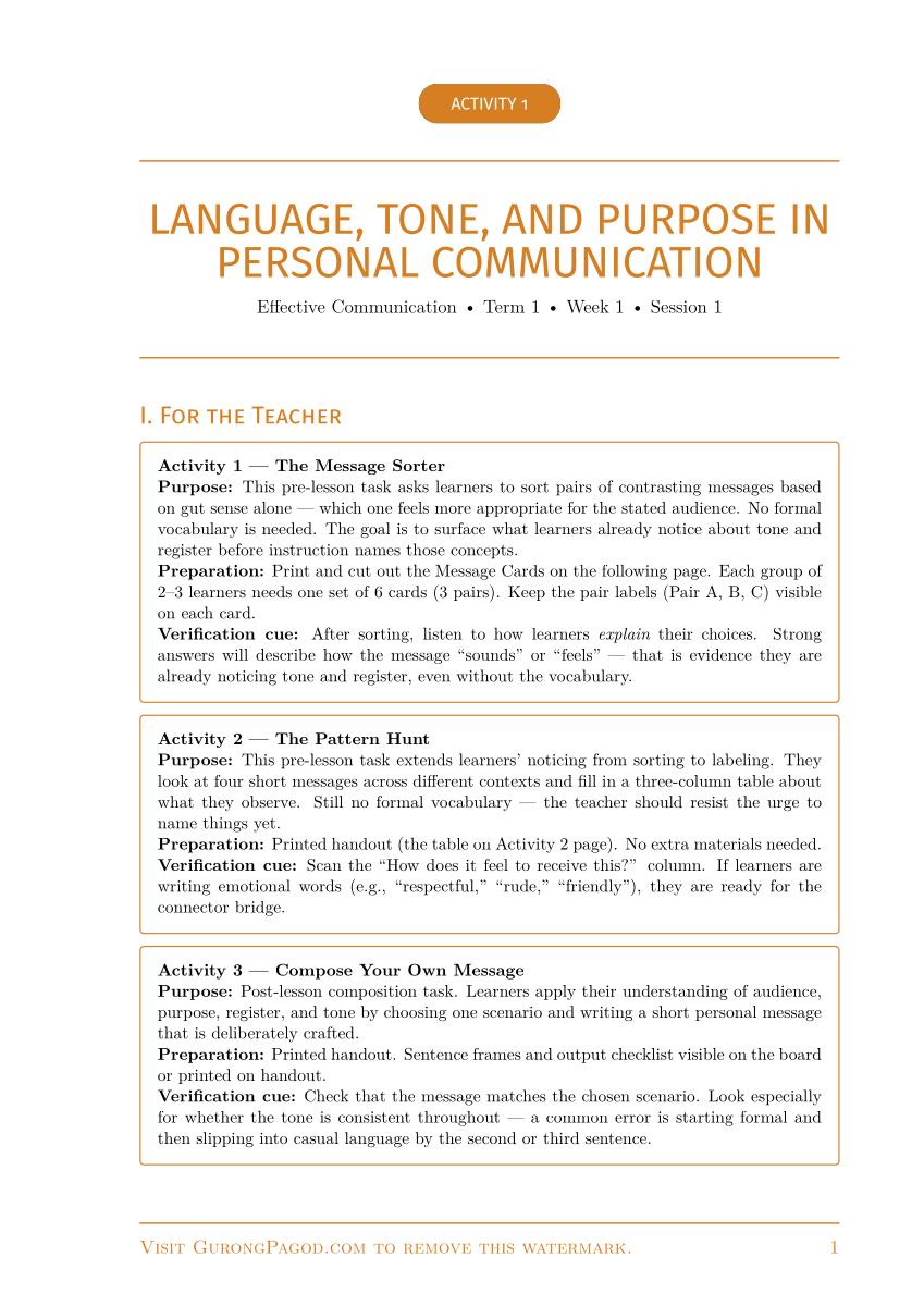 Activity 1 - Language, Tone, and Purpose in Personal Communication preview fragment