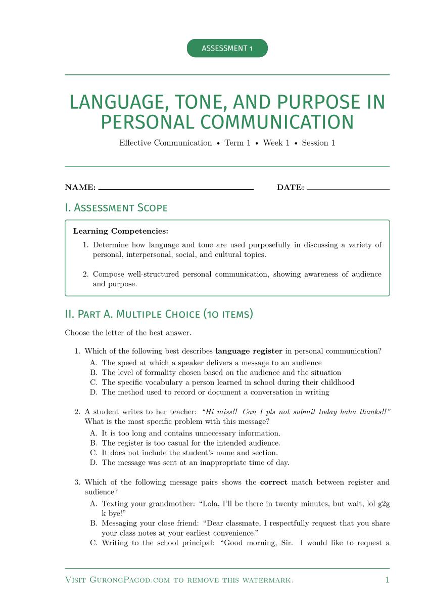 Assessment 1 - Language, Tone, and Purpose in Personal Communication preview fragment