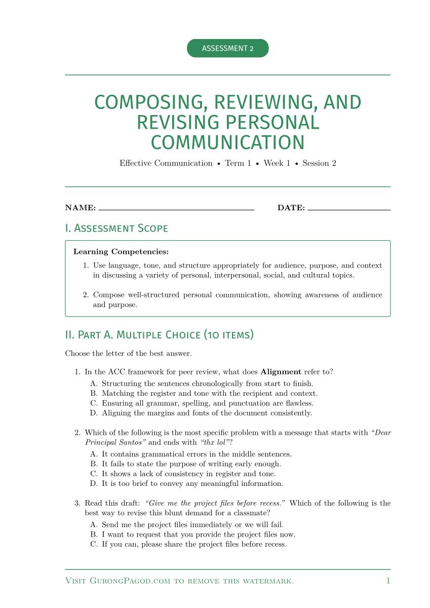 Assessment 2 - Language, Tone, and Purpose in Personal Communication preview fragment