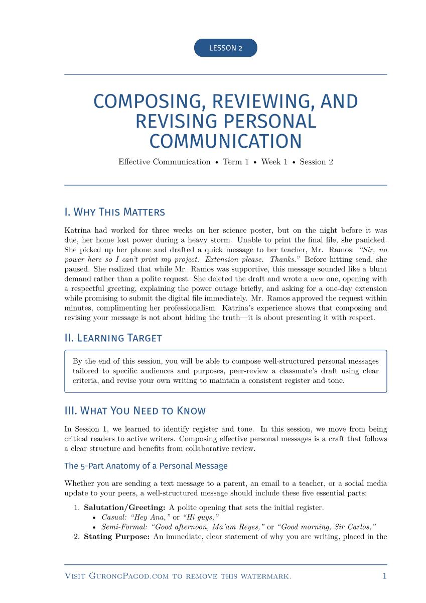 Lesson 2 - Language, Tone, and Purpose in Personal Communication preview fragment