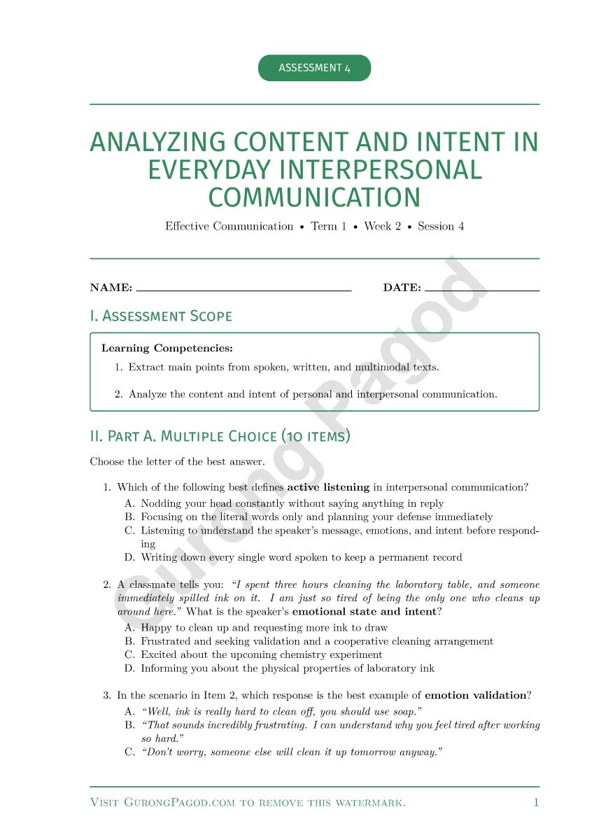 Assessment 4 - Analyzing Content and Intent in Everyday Interpersonal Communication preview fragment