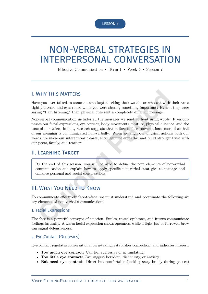 Lesson 7 - Non-Verbal Strategies in Interpersonal Conversation preview fragment