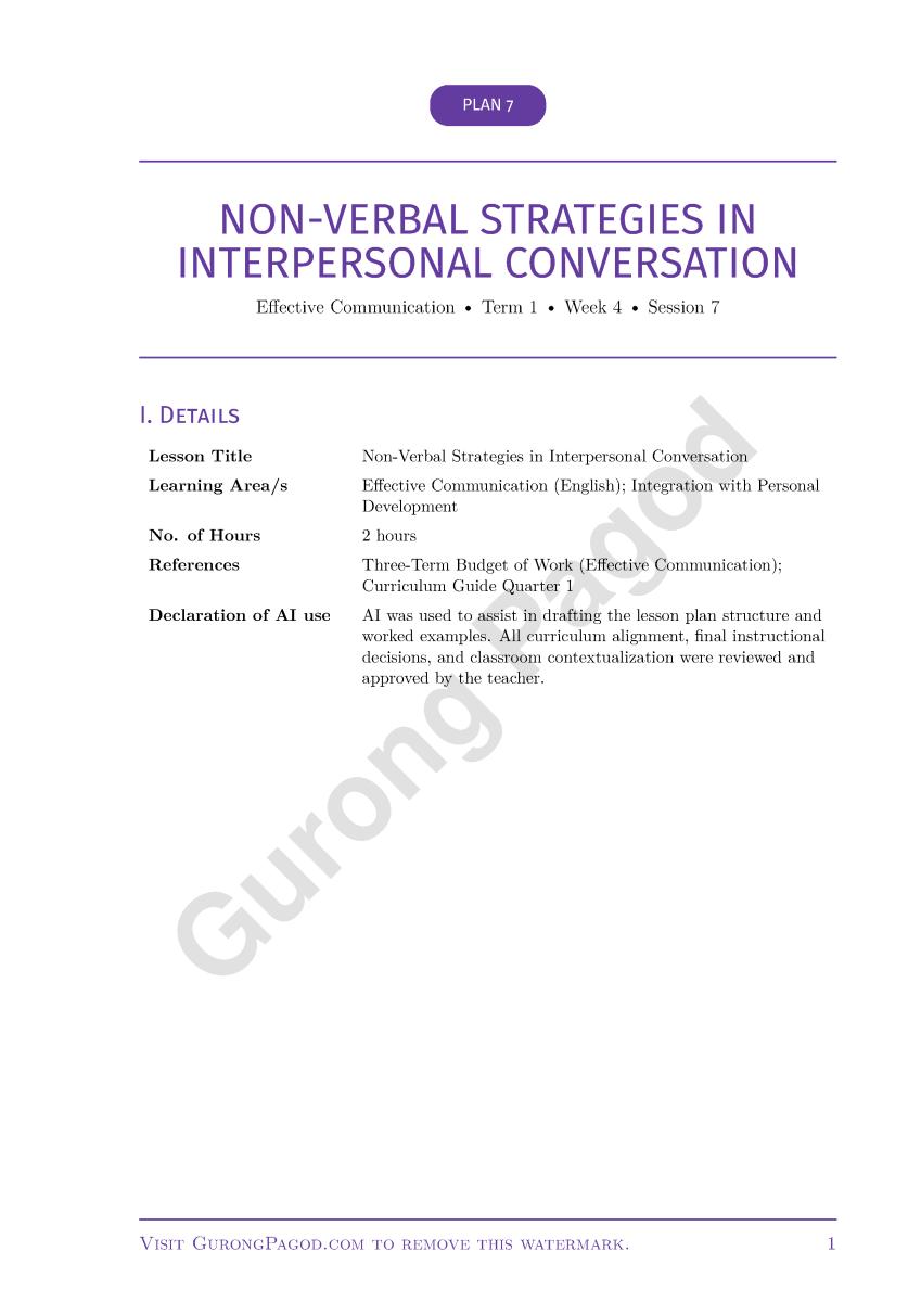 Plan 7 - Non-Verbal Strategies in Interpersonal Conversation preview fragment
