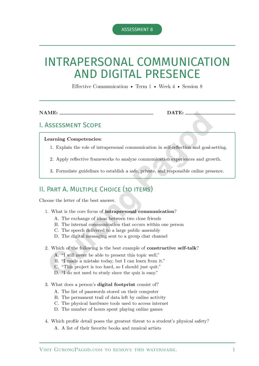 Assessment 8 - Intrapersonal Communication and Digital Presence preview fragment