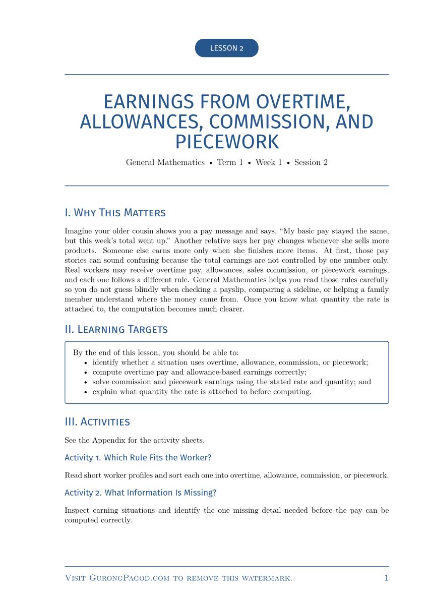Lesson 2 - Earnings from Overtime, Allowances, Commission, and Piecework preview fragment