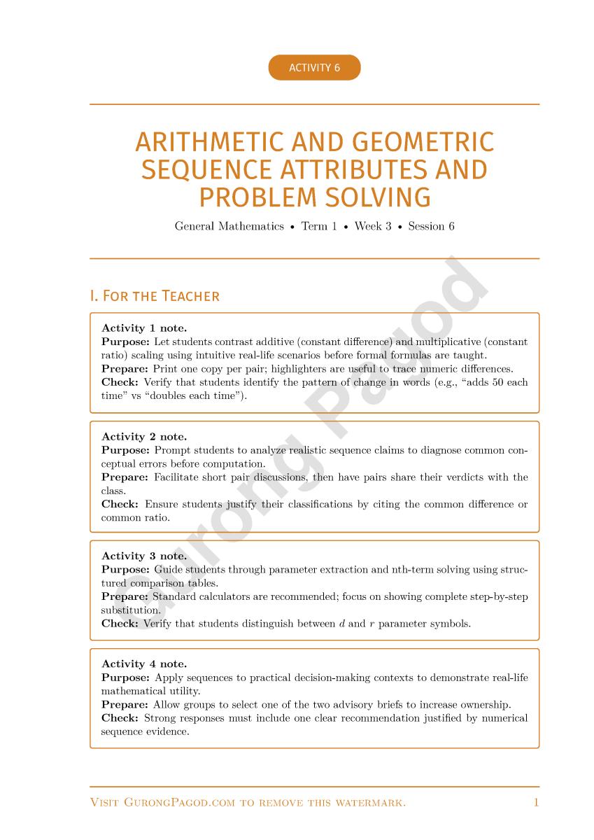 Activity 6 - Arithmetic and Geometric Sequence Attributes and Problem Solving preview fragment
