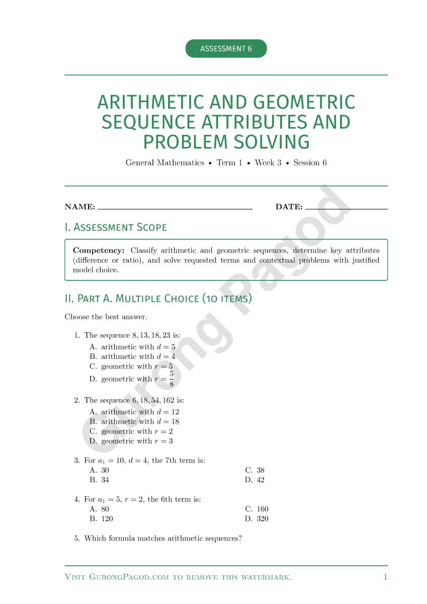 Assessment 6 - Arithmetic and Geometric Sequence Attributes and Problem Solving preview fragment