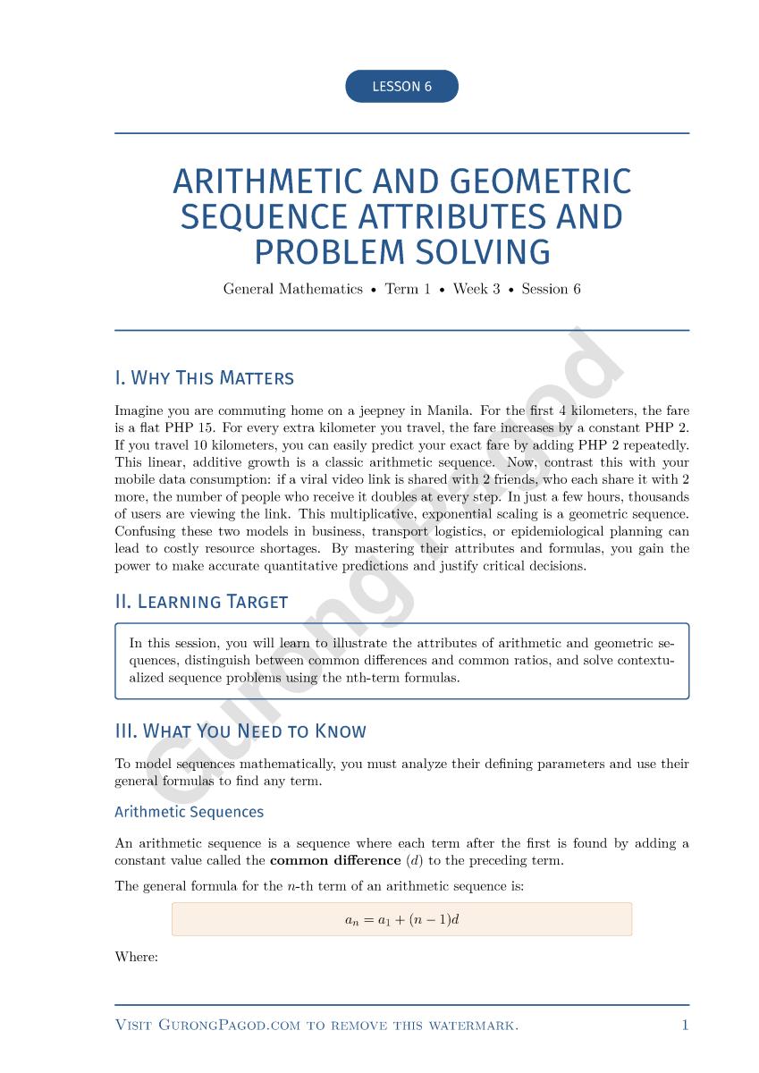 Lesson 6 - Arithmetic and Geometric Sequence Attributes and Problem Solving preview fragment