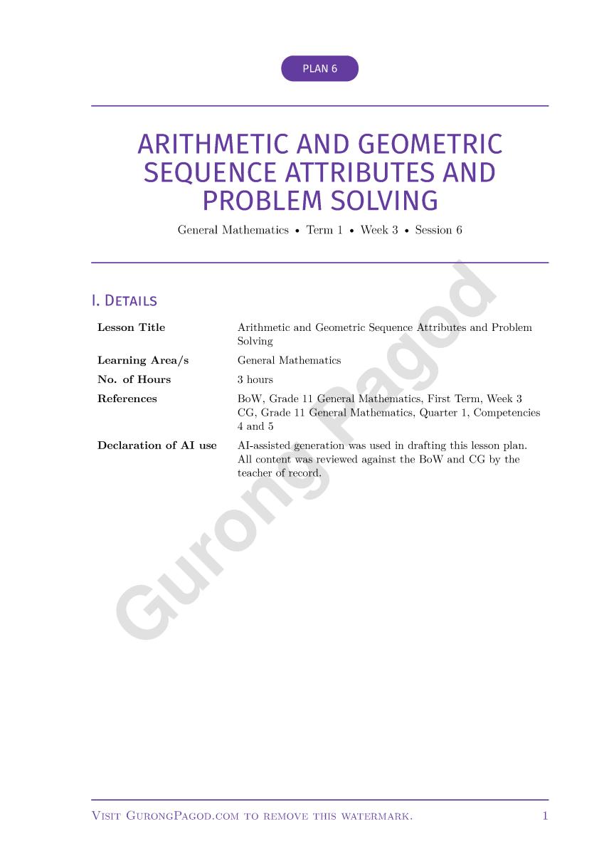 Plan 6 - Arithmetic and Geometric Sequence Attributes and Problem Solving preview fragment