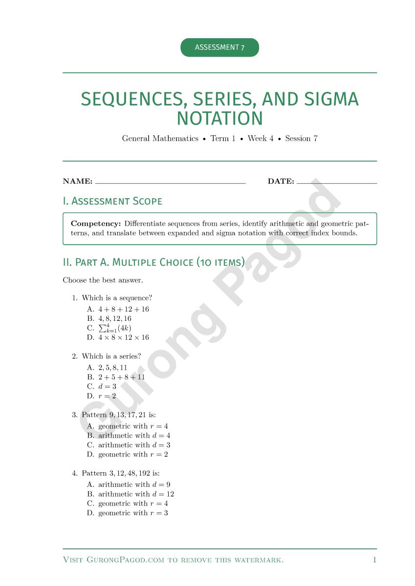 Assessment 7 - Sequences, Series, and Sigma Notation preview fragment