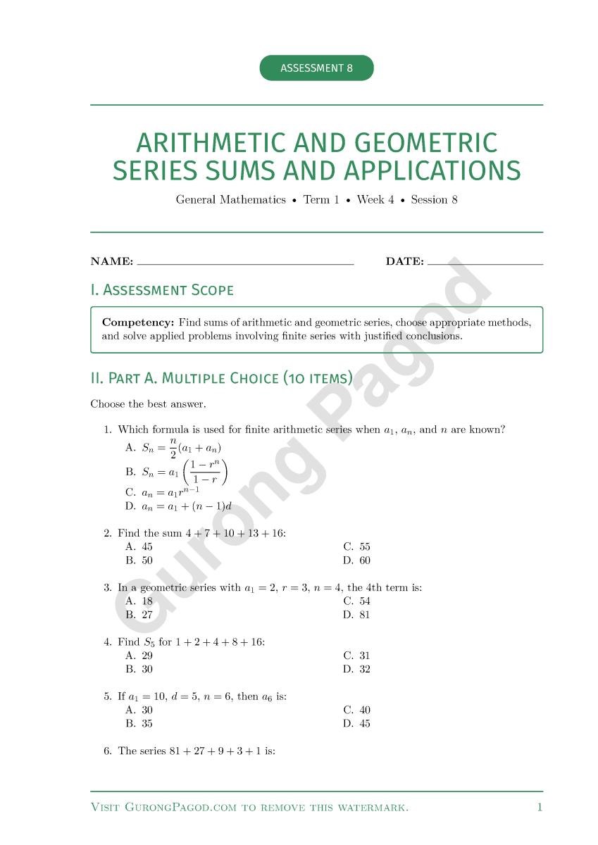 Assessment 8 - Arithmetic and Geometric Series Sums and Applications preview fragment