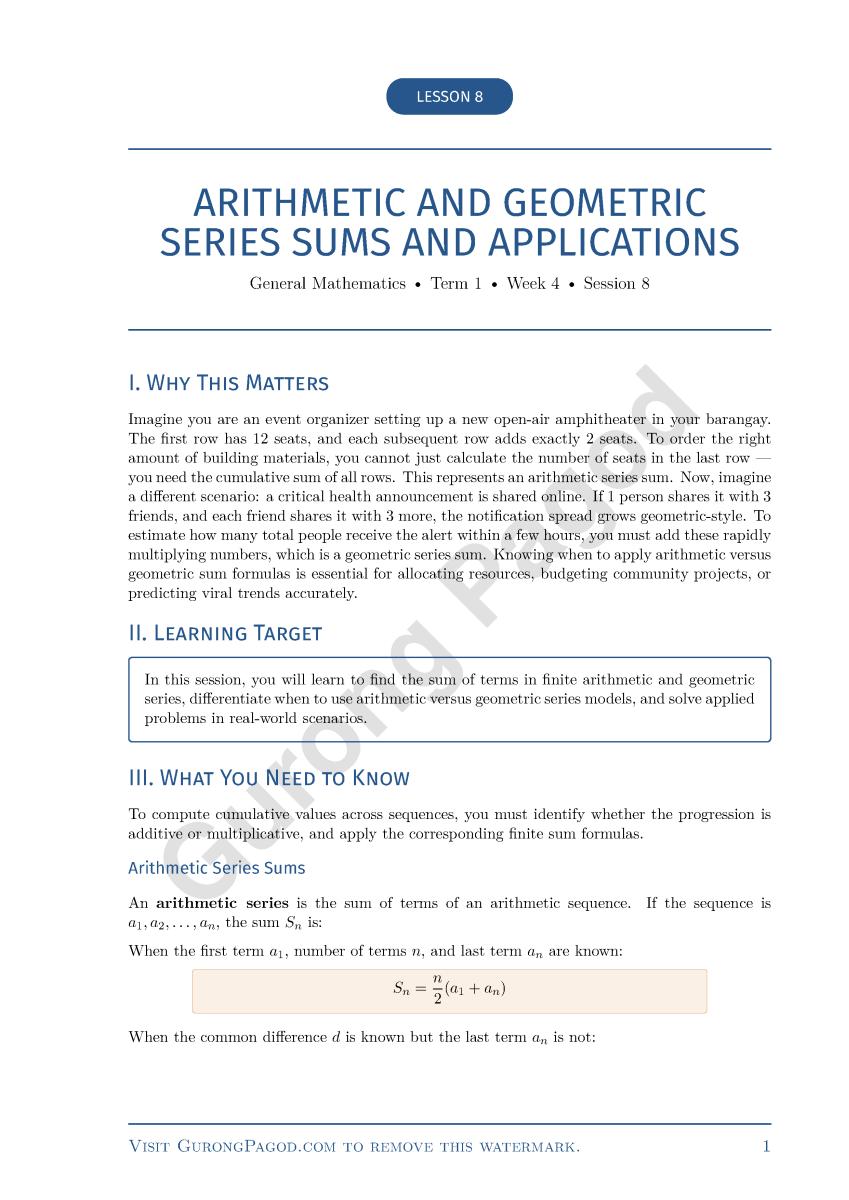 Lesson 8 - Arithmetic and Geometric Series Sums and Applications preview fragment