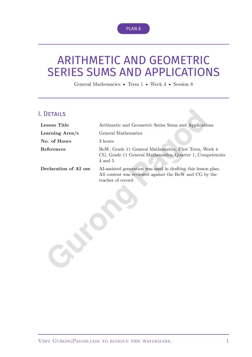Plan 8 - Arithmetic and Geometric Series Sums and Applications preview fragment