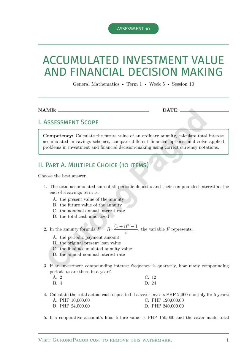 Assessment 10 - Accumulated Investment Value and Financial Decision Making preview fragment