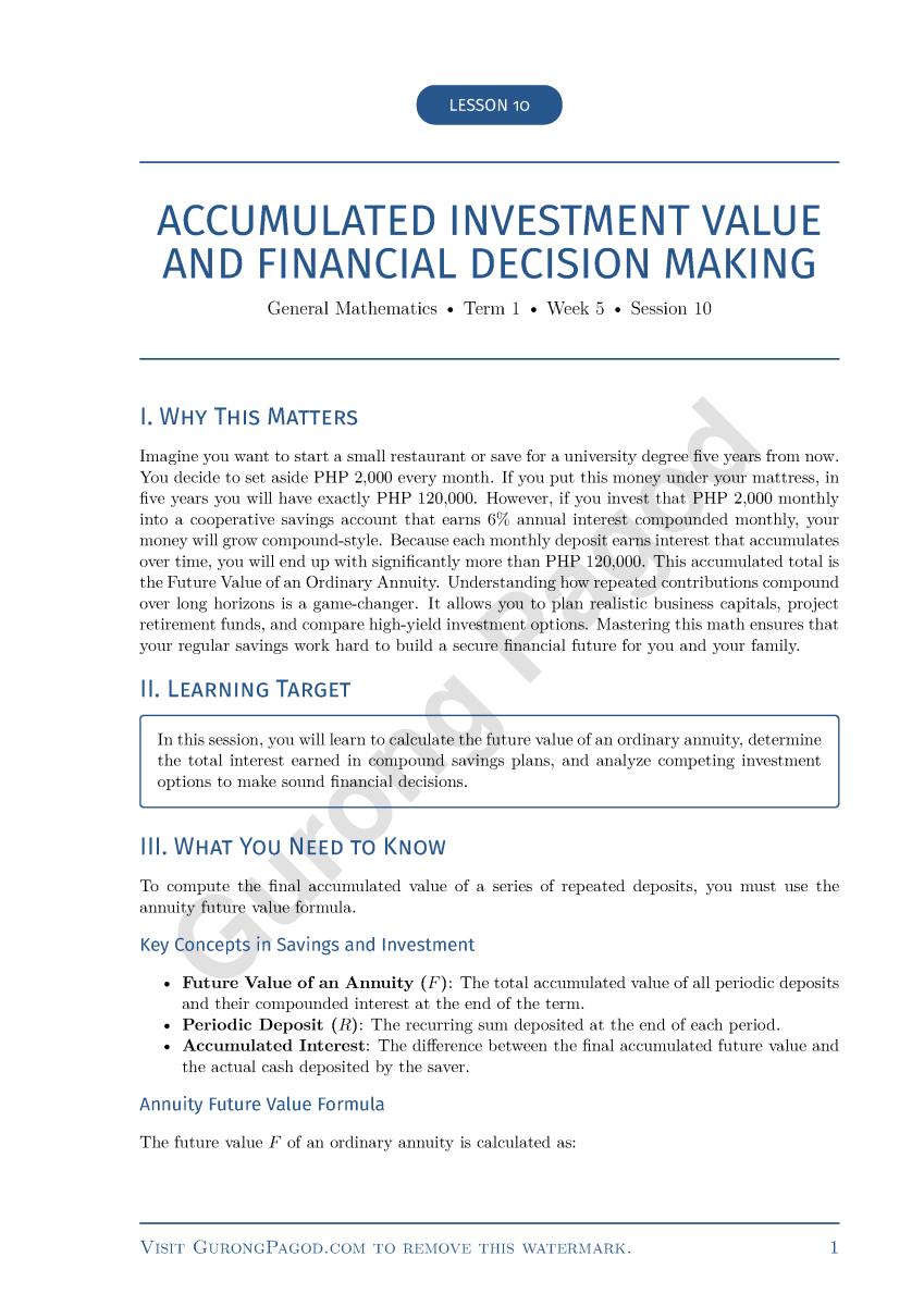 Lesson 10 - Accumulated Investment Value and Financial Decision Making preview fragment