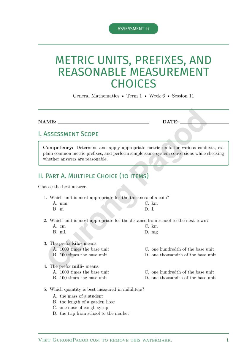 Assessment 11 - Metric Units, Prefixes, and Reasonable Measurement Choices preview fragment