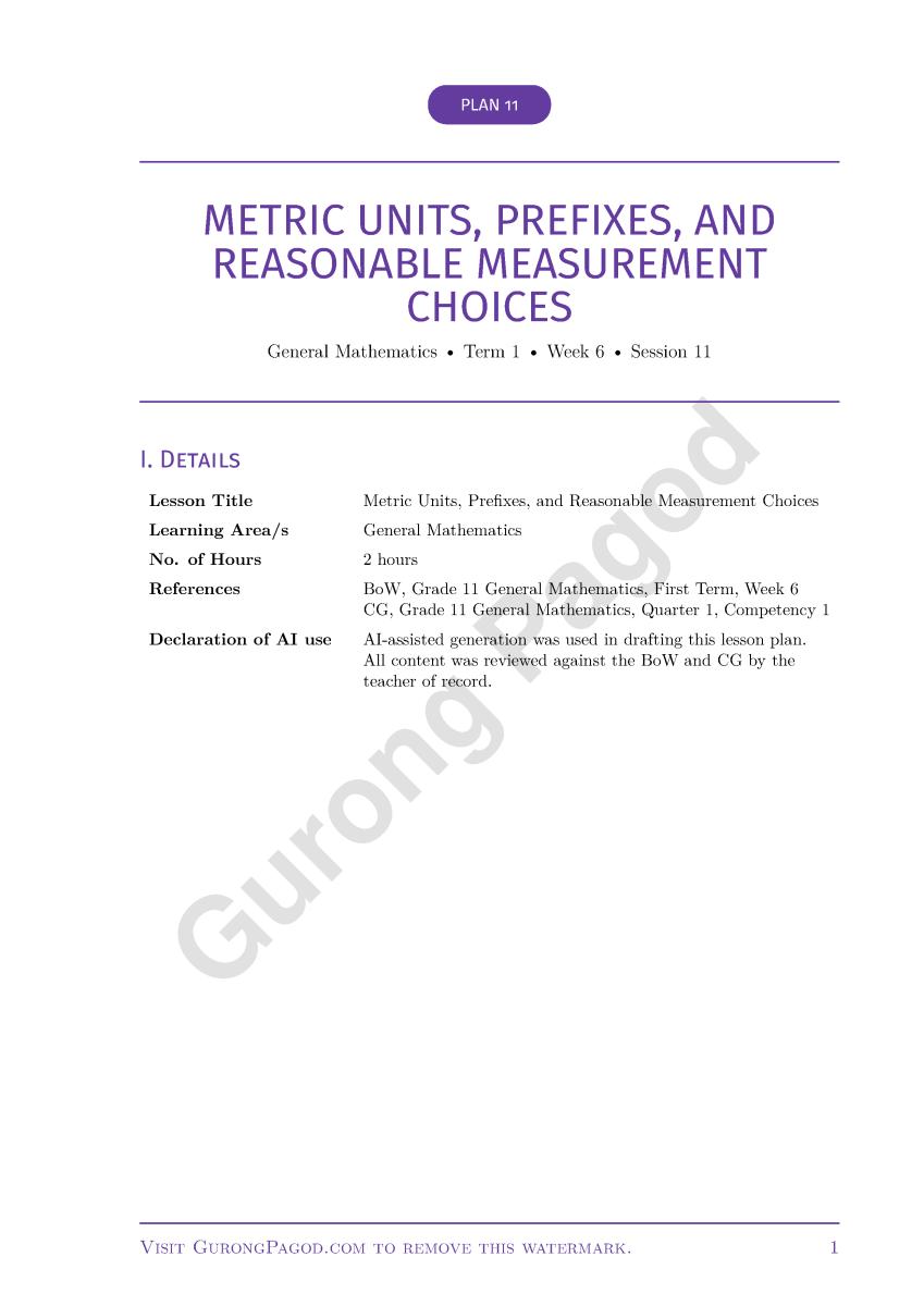 Plan 11 - Metric Units, Prefixes, and Reasonable Measurement Choices preview fragment