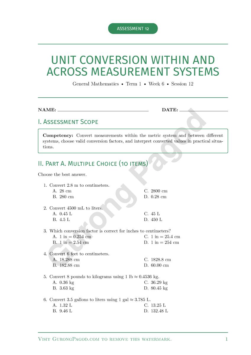 Assessment 12 - Unit Conversion Within and Across Measurement Systems preview fragment