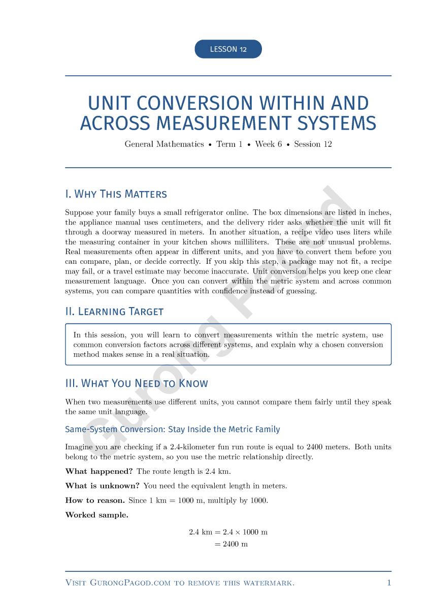 Lesson 12 - Unit Conversion Within and Across Measurement Systems preview fragment