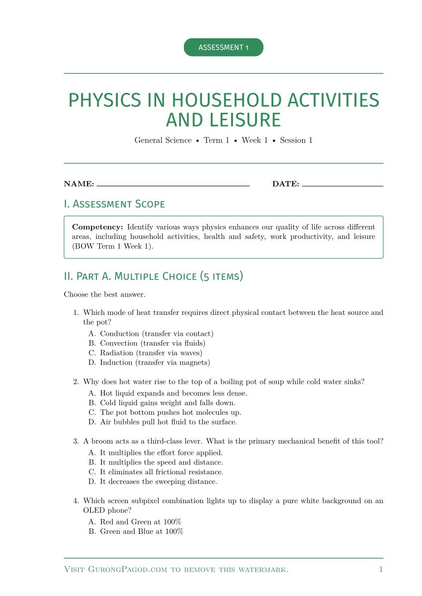 Assessment 1 - Physics in Household Activities and Leisure preview fragment