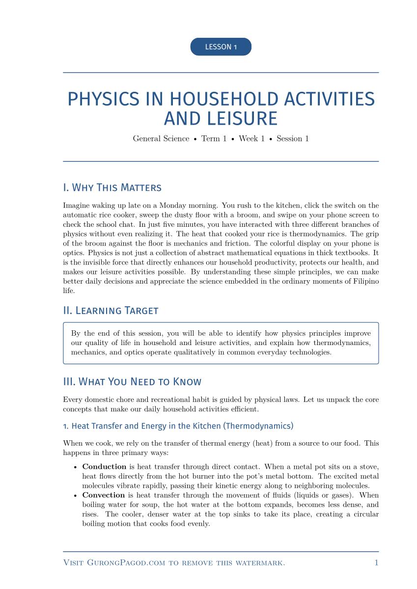Lesson 1 - Physics in Household Activities and Leisure preview fragment