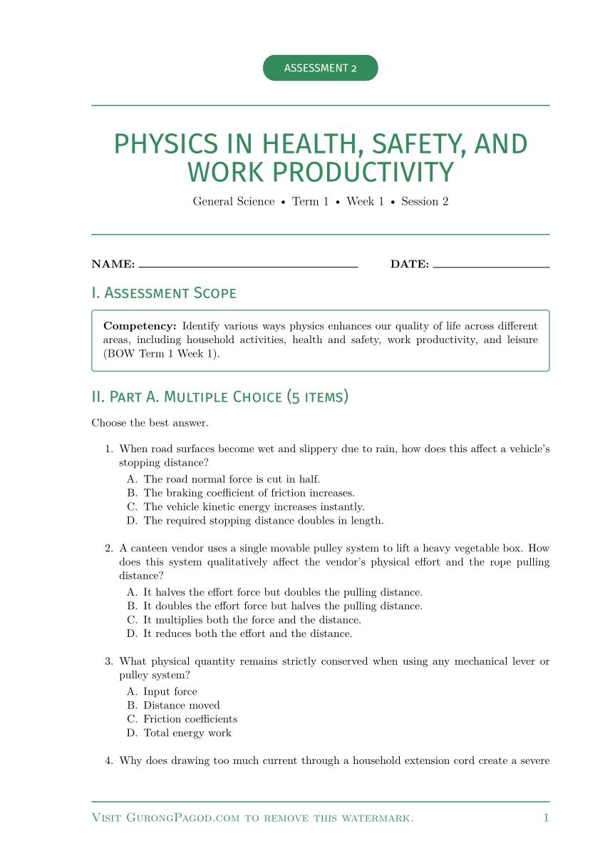 Assessment 2 - Physics in Health, Safety, and Work Productivity preview fragment