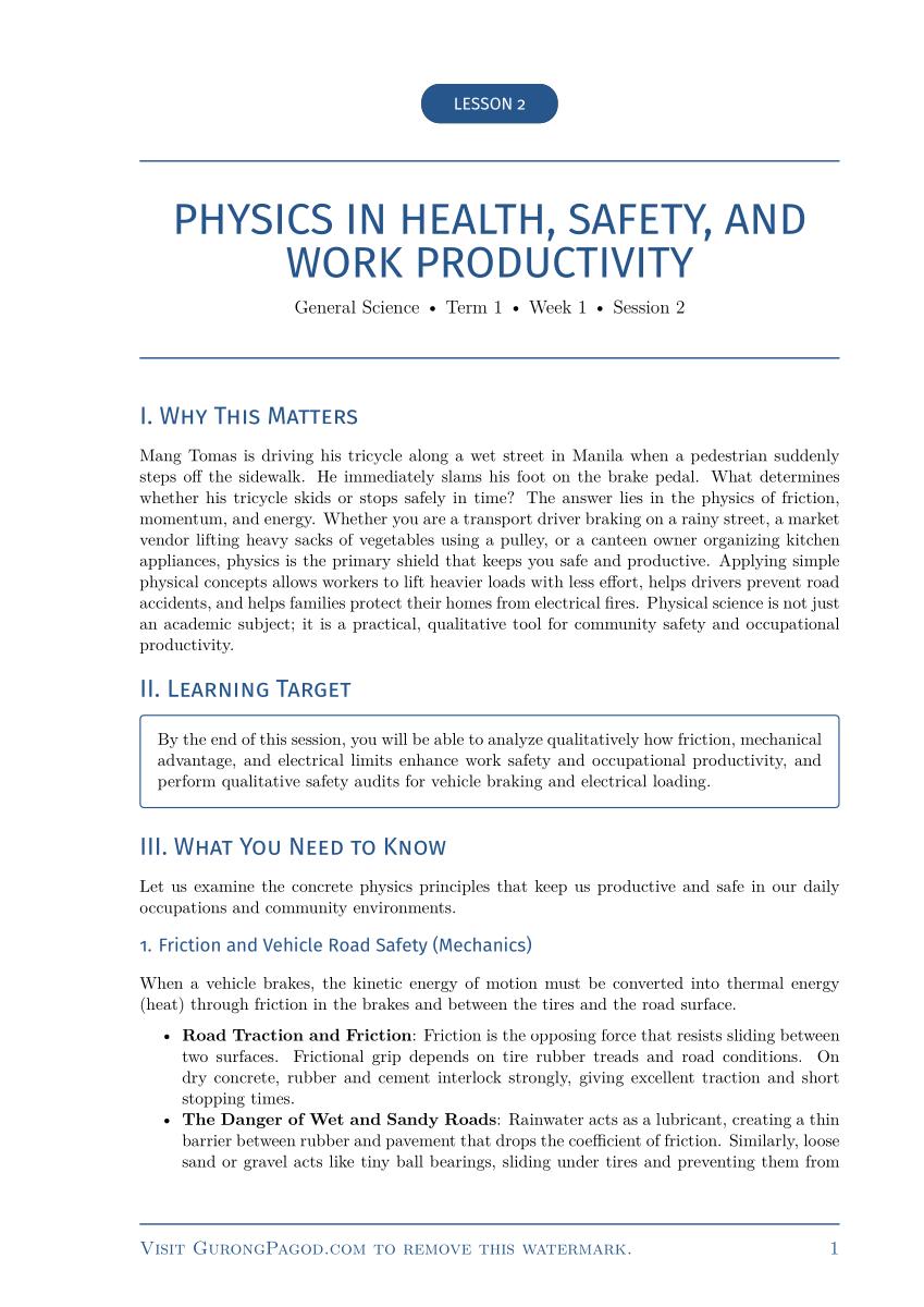 Lesson 2 - Physics in Health, Safety, and Work Productivity preview fragment