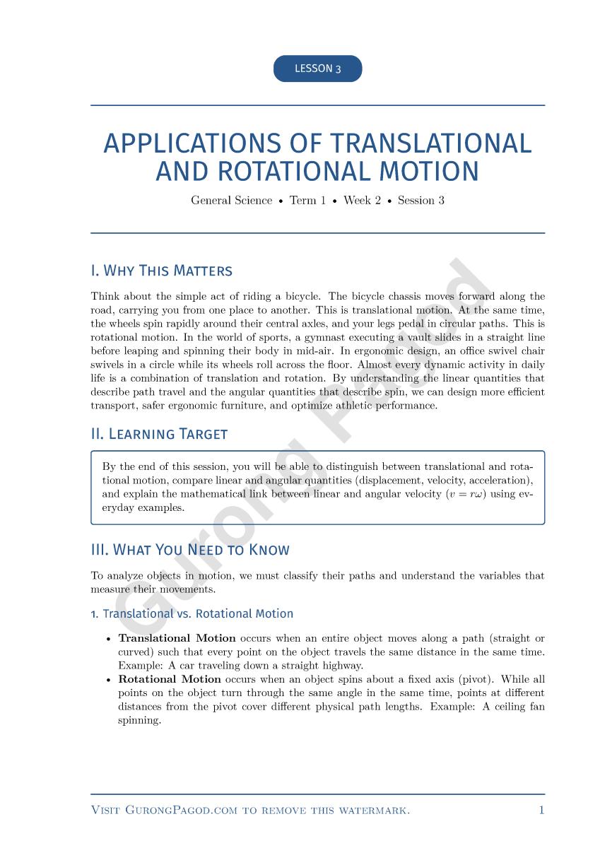 Lesson 3 - Applications of Translational and Rotational Motion preview fragment