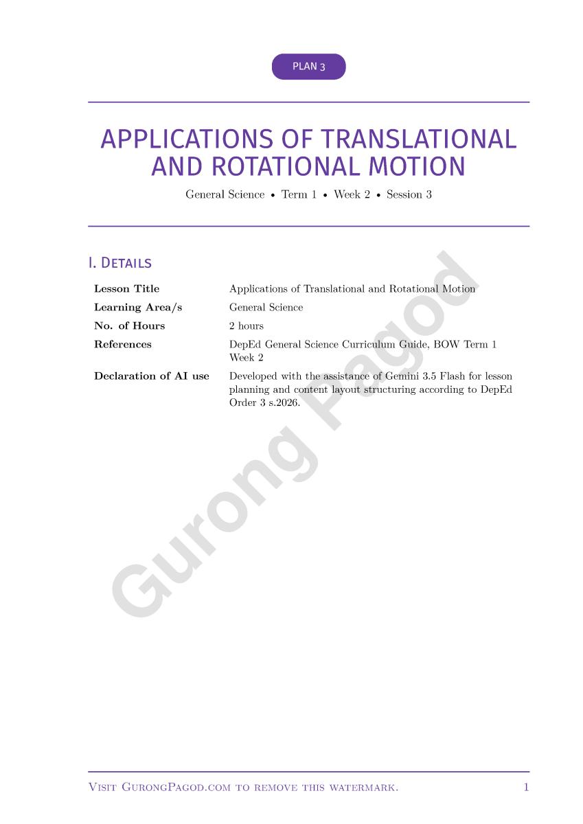 Plan 3 - Applications of Translational and Rotational Motion preview fragment