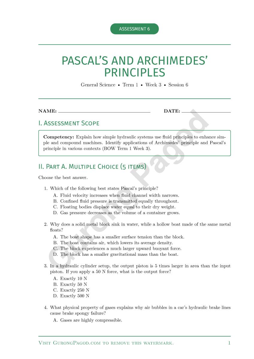Assessment 6 - Pascal's and Archimedes' Principles preview fragment