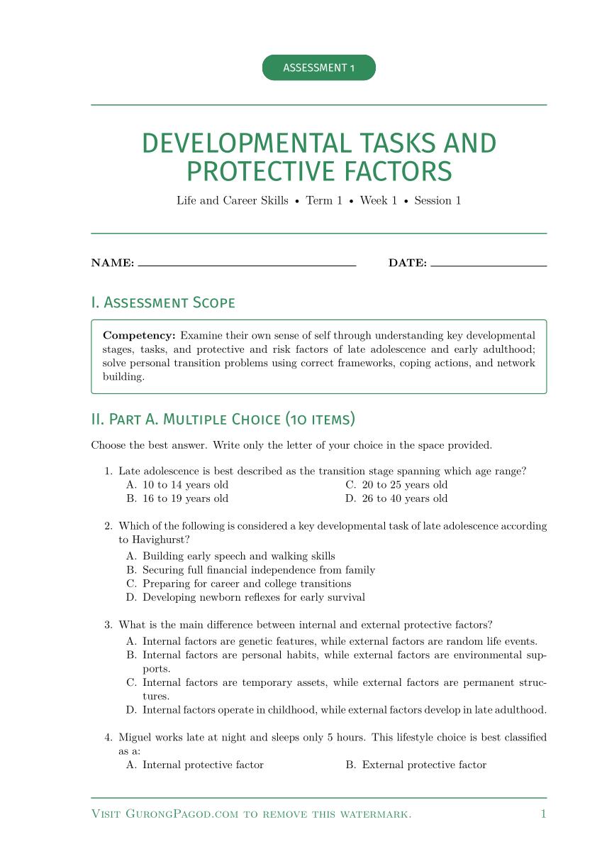 Assessment 1 - Developmental Tasks and Protective Factors preview fragment