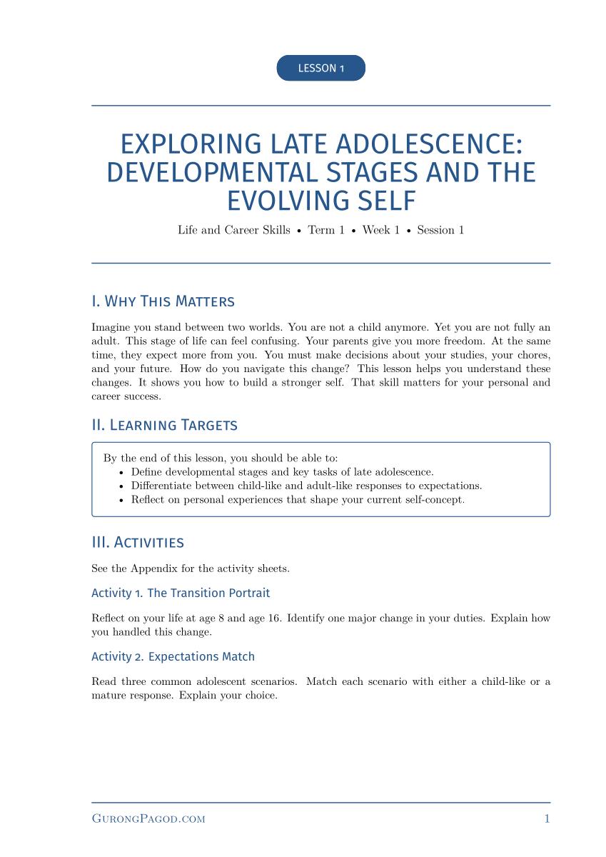 Lesson 1 - Exploring Late Adolescence: Developmental Stages and the Evolving Self preview fragment