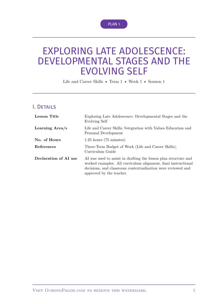 Plan 1 - Exploring Late Adolescence: Developmental Stages and the Evolving Self preview fragment
