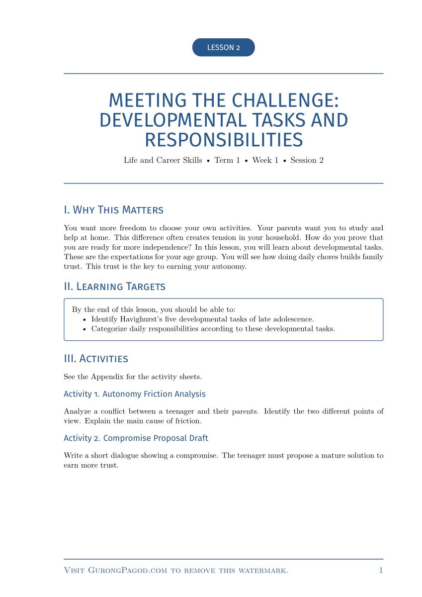 Lesson 2 - Meeting the Challenge: Developmental Tasks and Responsibilities preview fragment