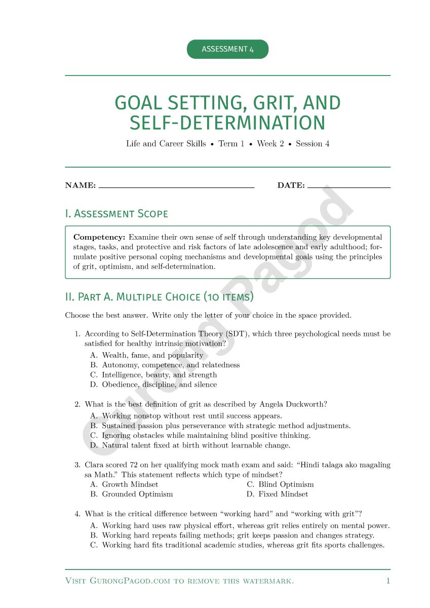 Assessment 4 - Goal Setting, Grit, and Self-Determination preview fragment