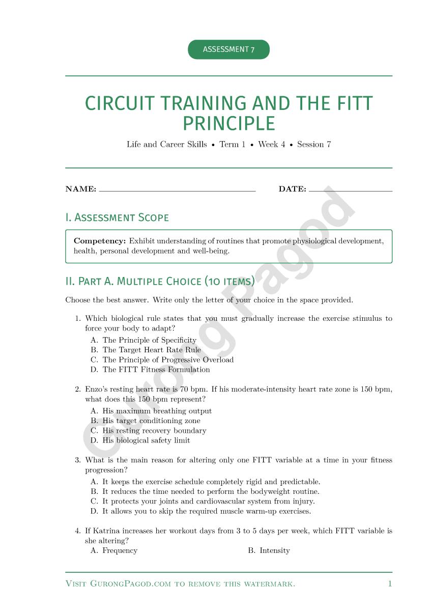 Assessment 7 - Circuit Training and the FITT Principle preview fragment