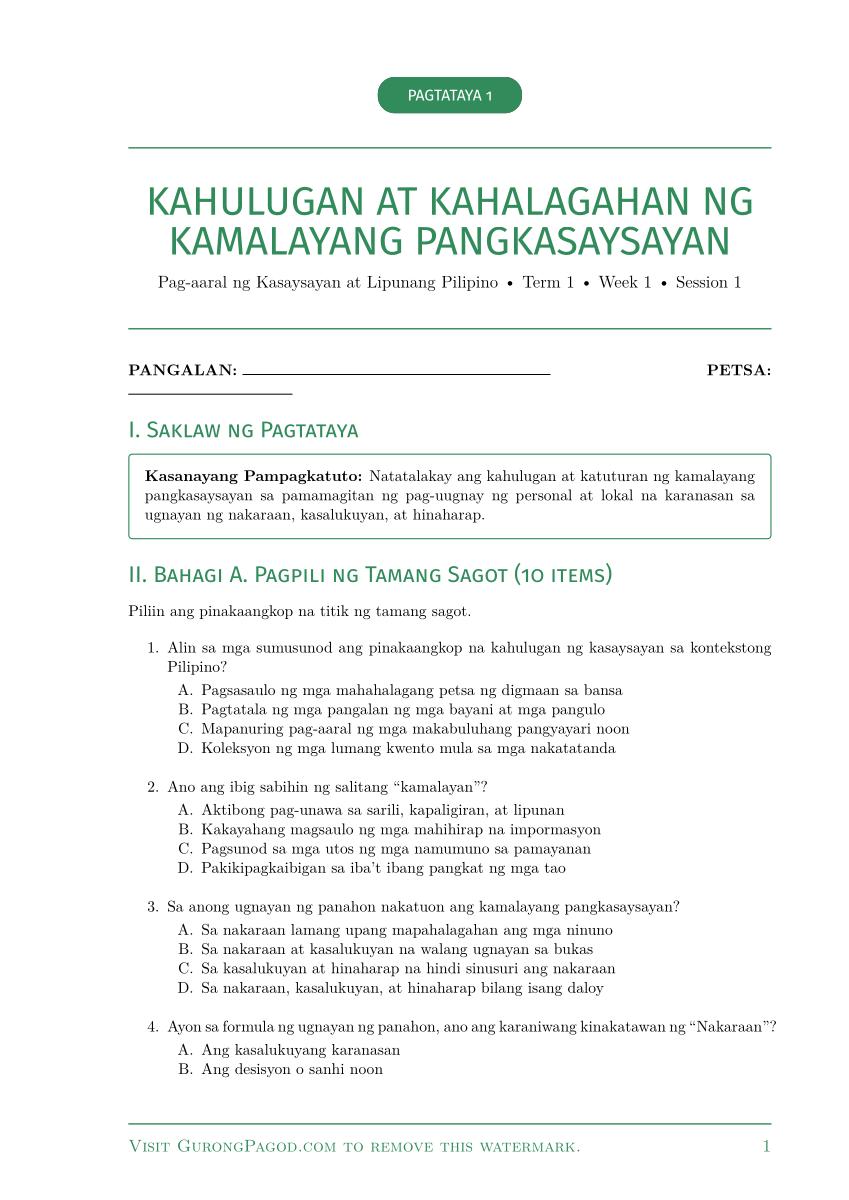 Pagtataya 1 - Kahulugan at Kahalagahan ng Kamalayang Pangkasaysayan preview fragment