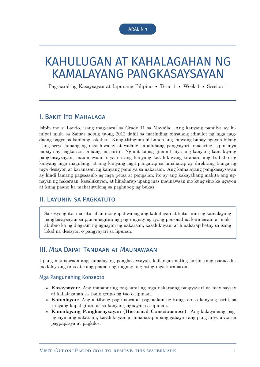 Aralin 1 - Kahulugan at Kahalagahan ng Kamalayang Pangkasaysayan preview fragment