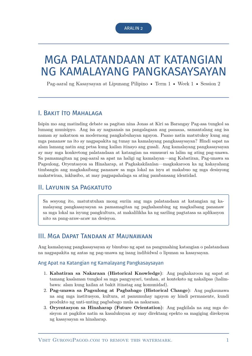 Aralin 2 - Mga Palatandaan at Katangian ng Kamalayang Pangkasaysayan preview fragment