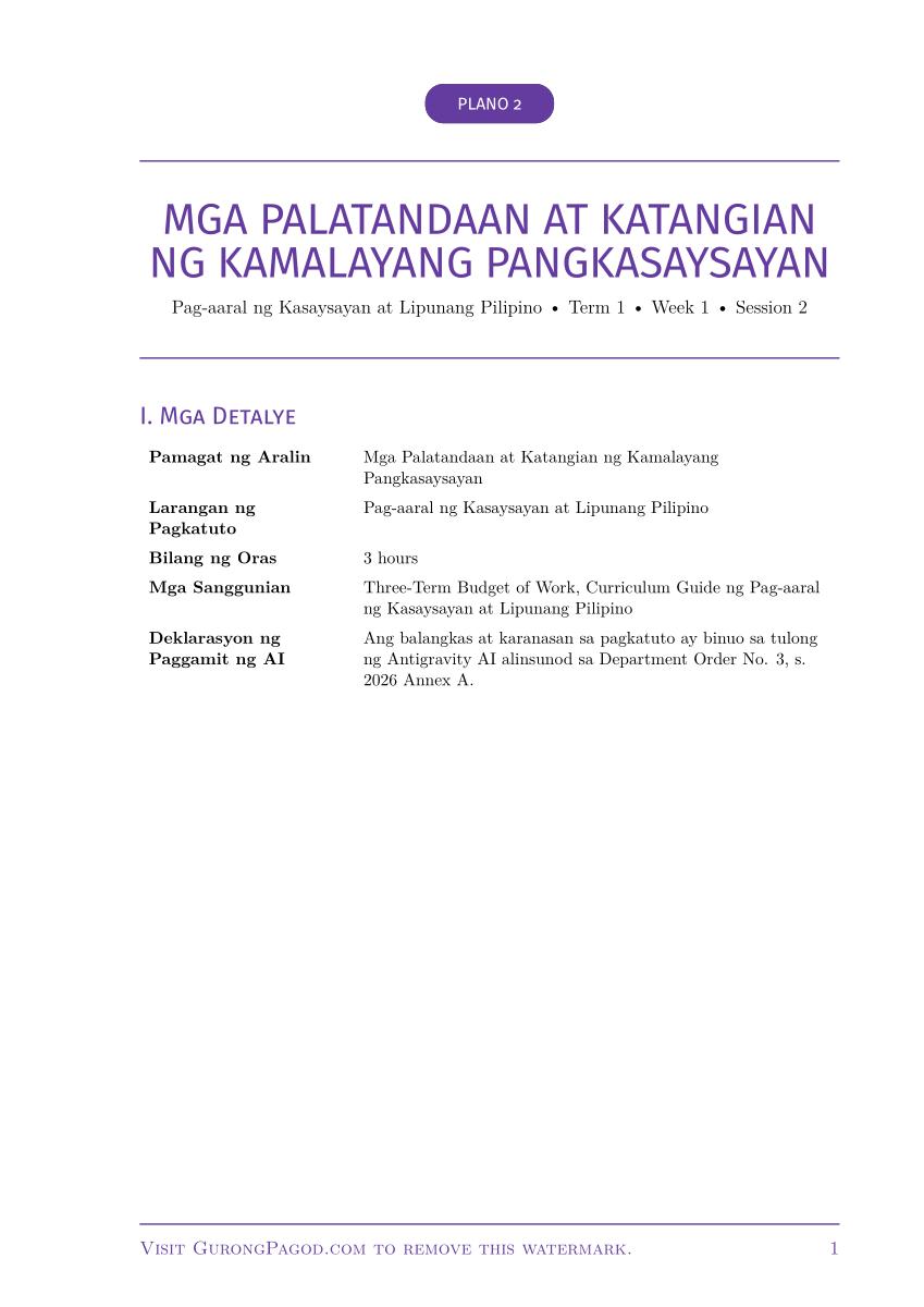 Plano 2 - Mga Palatandaan at Katangian ng Kamalayang Pangkasaysayan preview fragment
