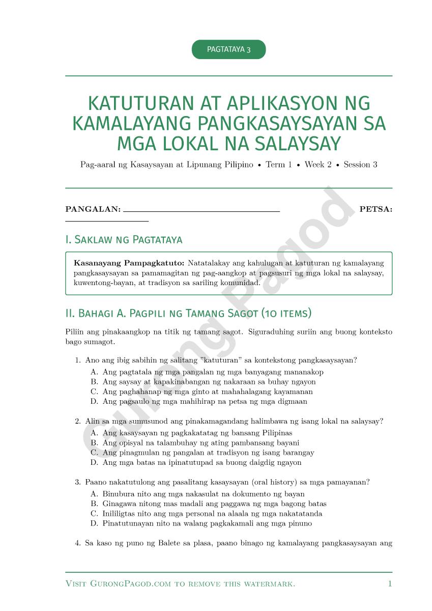 Pagtataya 3 - Katuturan at Aplikasyon ng Kamalayang Pangkasaysayan sa mga Lokal na Salaysay preview fragment