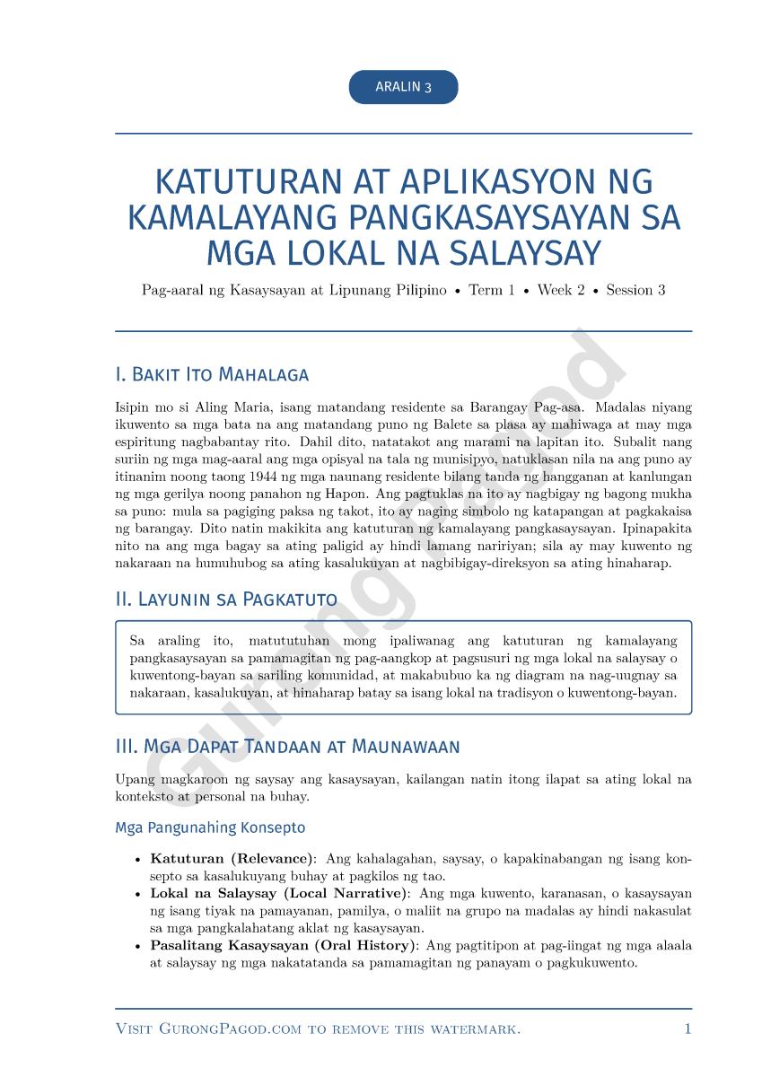 Aralin 3 - Katuturan at Aplikasyon ng Kamalayang Pangkasaysayan sa mga Lokal na Salaysay preview fragment