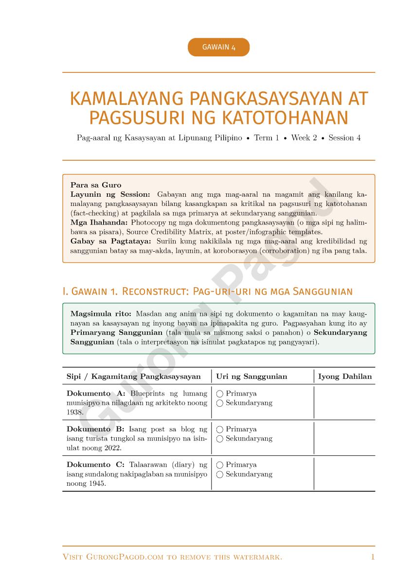 Gawain 4 - Kamalayang Pangkasaysayan at Pagsusuri ng Katotohanan preview fragment