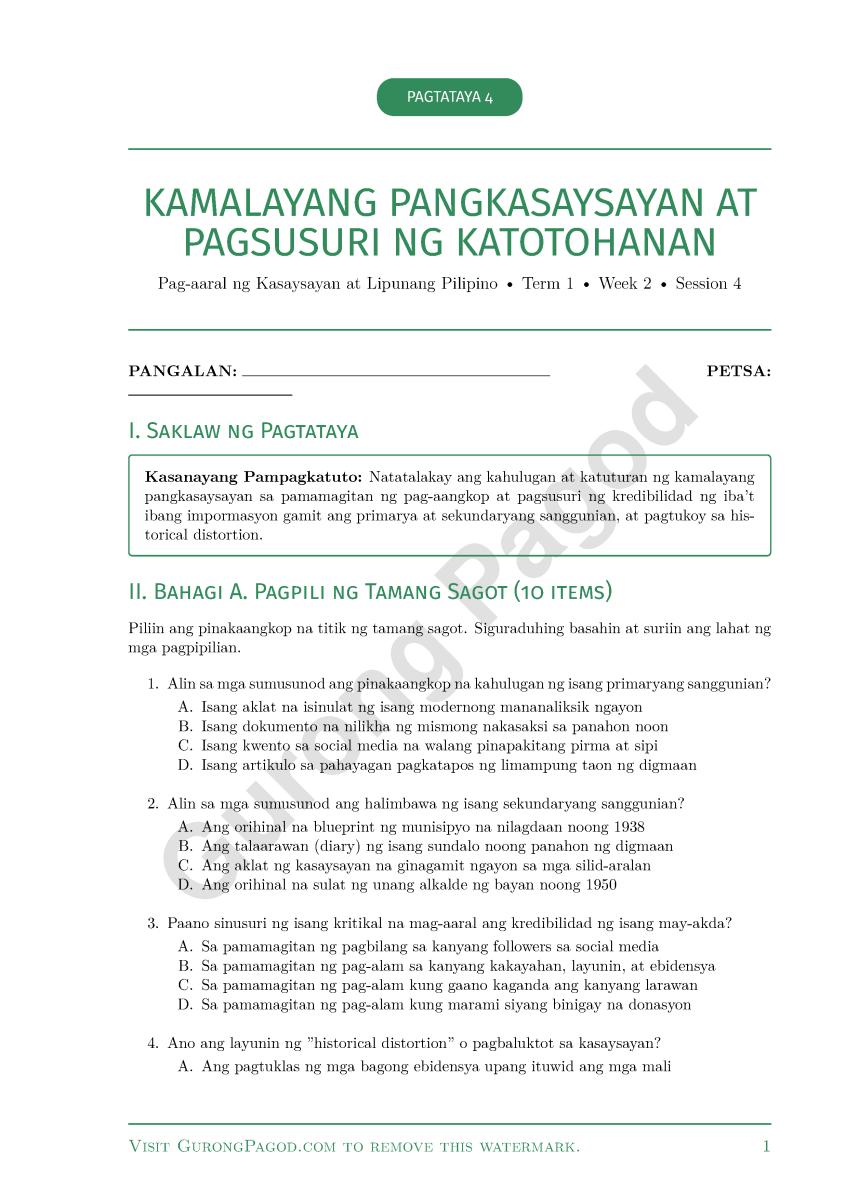 Pagtataya 4 - Kamalayang Pangkasaysayan at Pagsusuri ng Katotohanan preview fragment