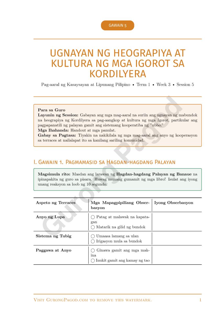 Gawain 5 - Ugnayan ng Heograpiya at Kultura ng mga Igorot sa Kordilyera preview fragment