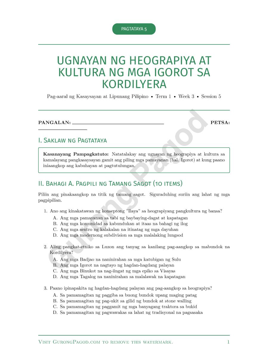 Pagtataya 5 - Ugnayan ng Heograpiya at Kultura ng mga Igorot sa Kordilyera preview fragment