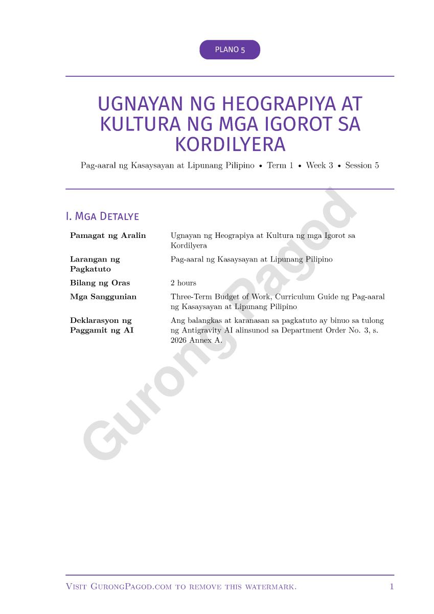 Plano 5 - Ugnayan ng Heograpiya at Kultura ng mga Igorot sa Kordilyera preview fragment