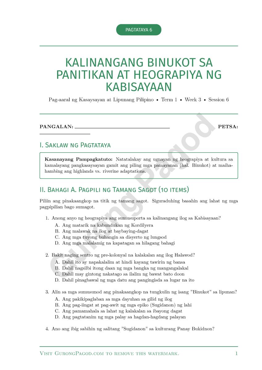 Pagtataya 6 - Kalinangang Binukot sa Panitikan at Heograpiya ng Kabisayaan preview fragment