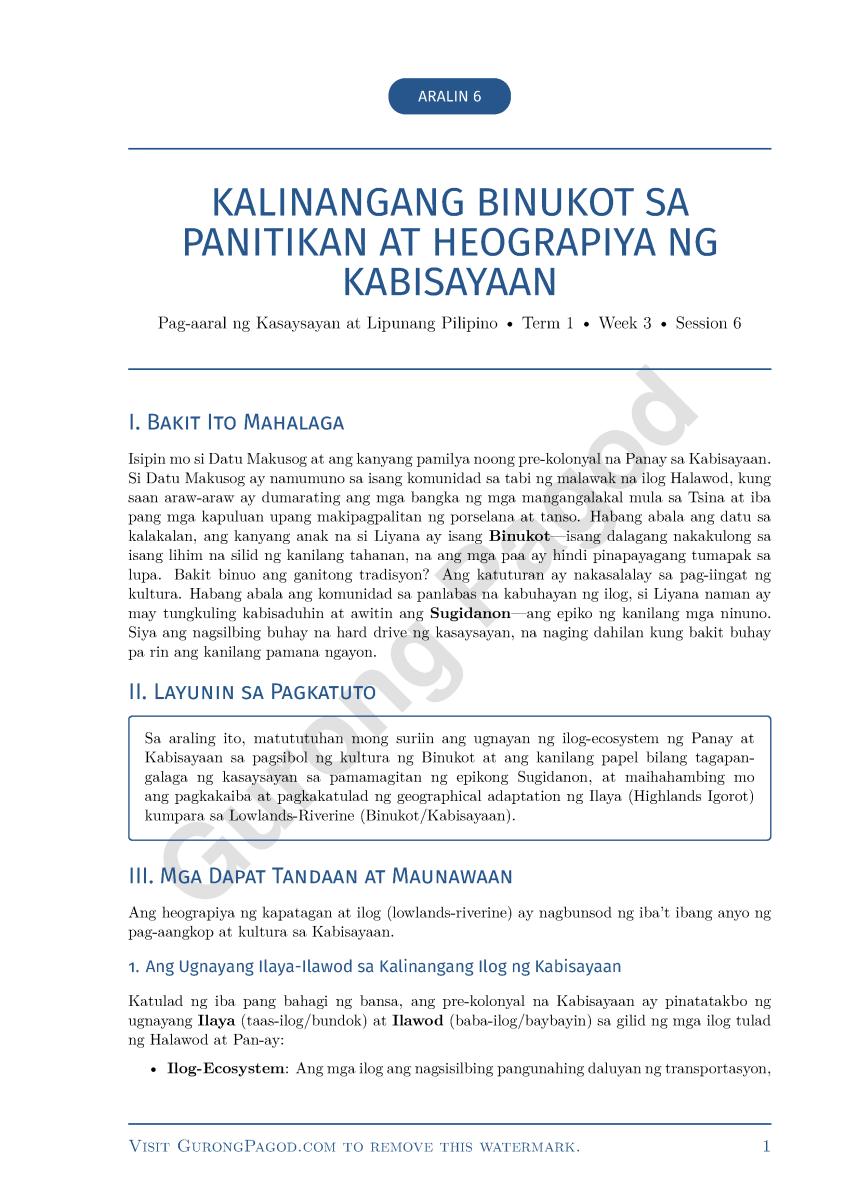Aralin 6 - Kalinangang Binukot sa Panitikan at Heograpiya ng Kabisayaan preview fragment