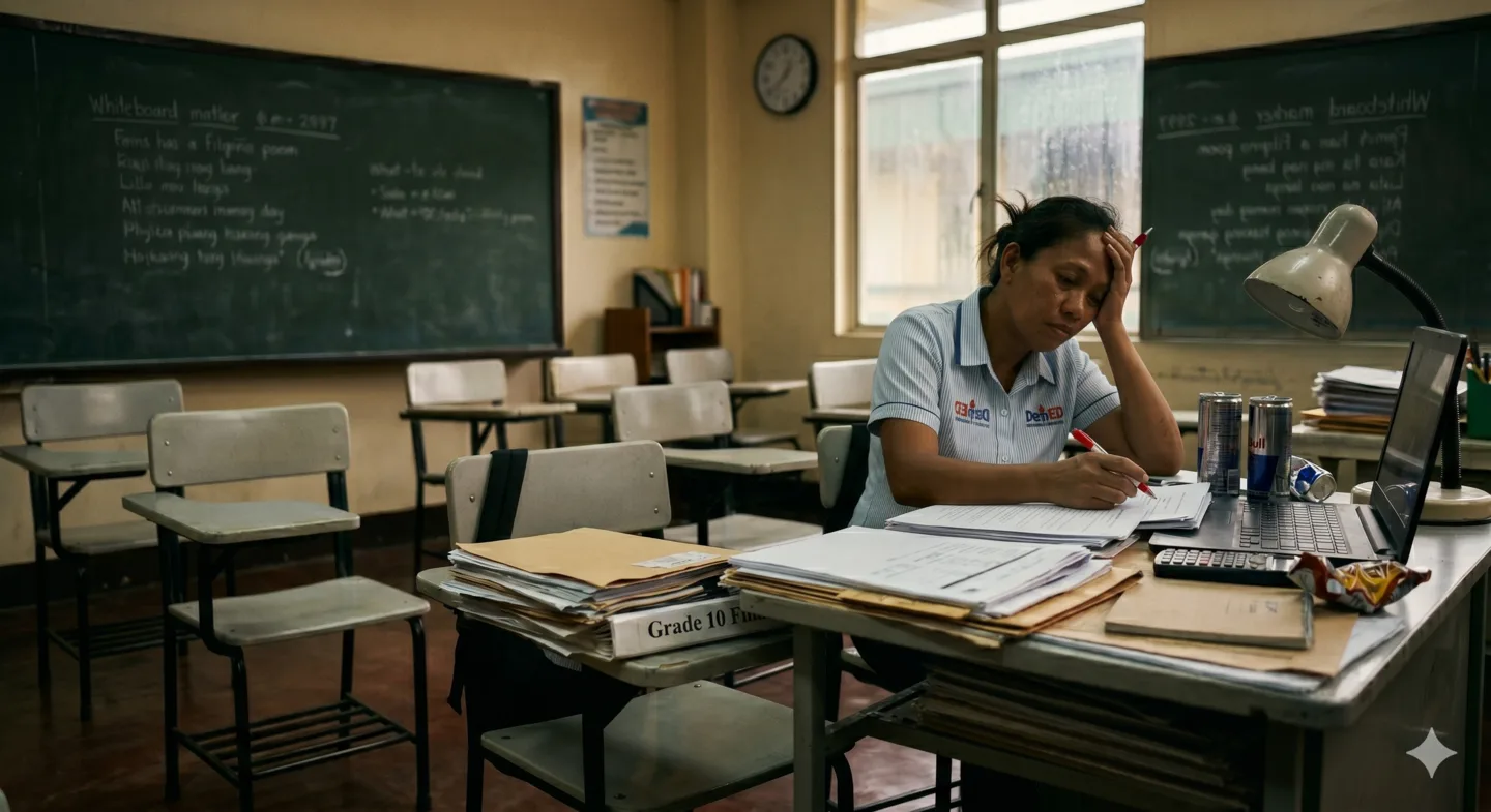 Filipina teacher preparing lesson materials in a classroom setting